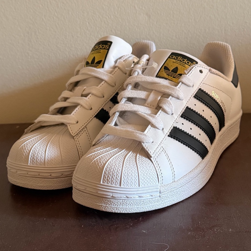 NWT Adidas Kids Superstar White Black Gold Sneakers